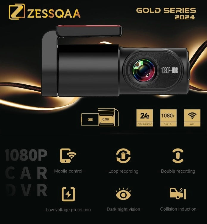 Zessqaa 1080p Full HD Car Dash Cam with WiFi, Night Vision, Dual Camera, and App Control - ZESSQAA