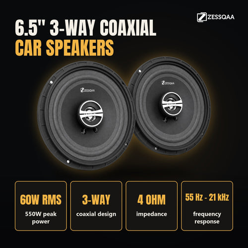 Zessqaa ZQ-650RG 6.5 Inch 3-Way Coaxial Car Speakers, 60W RMS (Pair)