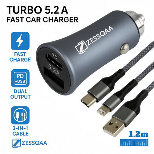 Zessqaa 5.2A Car Charger with PD + USB Fast Charging — Silver