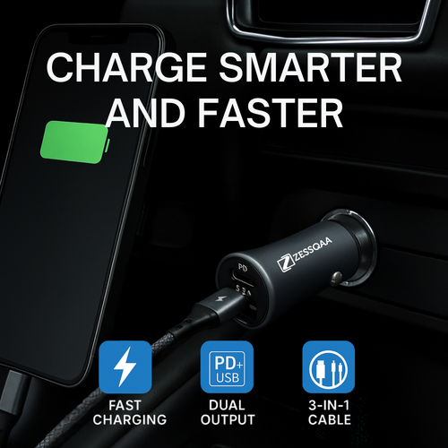 Zessqaa 5.2A Car Charger with PD + USB Fast Charging — Silver