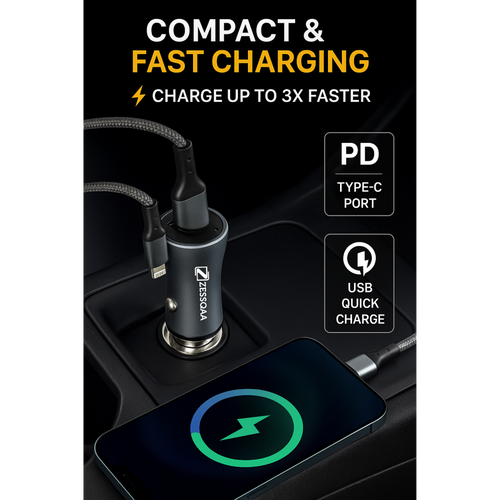 Zessqaa 5.2A Car Charger with PD + USB Fast Charging — Silver