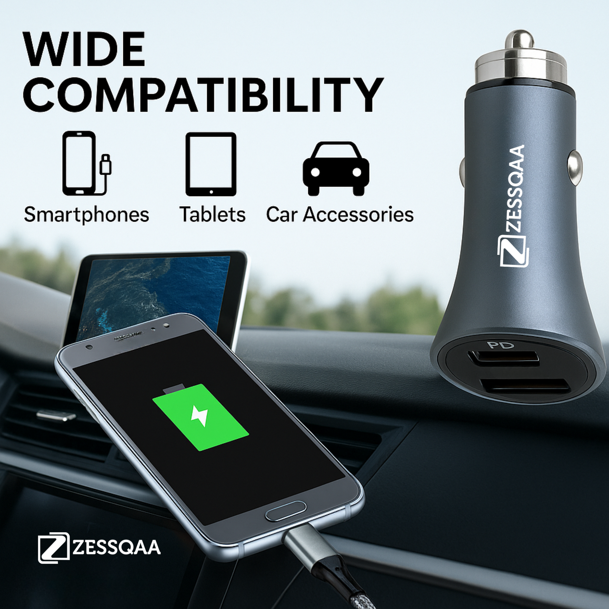 5.2 Amp Car Charger with PD+USB Dual Charging Points - ZESSQAA