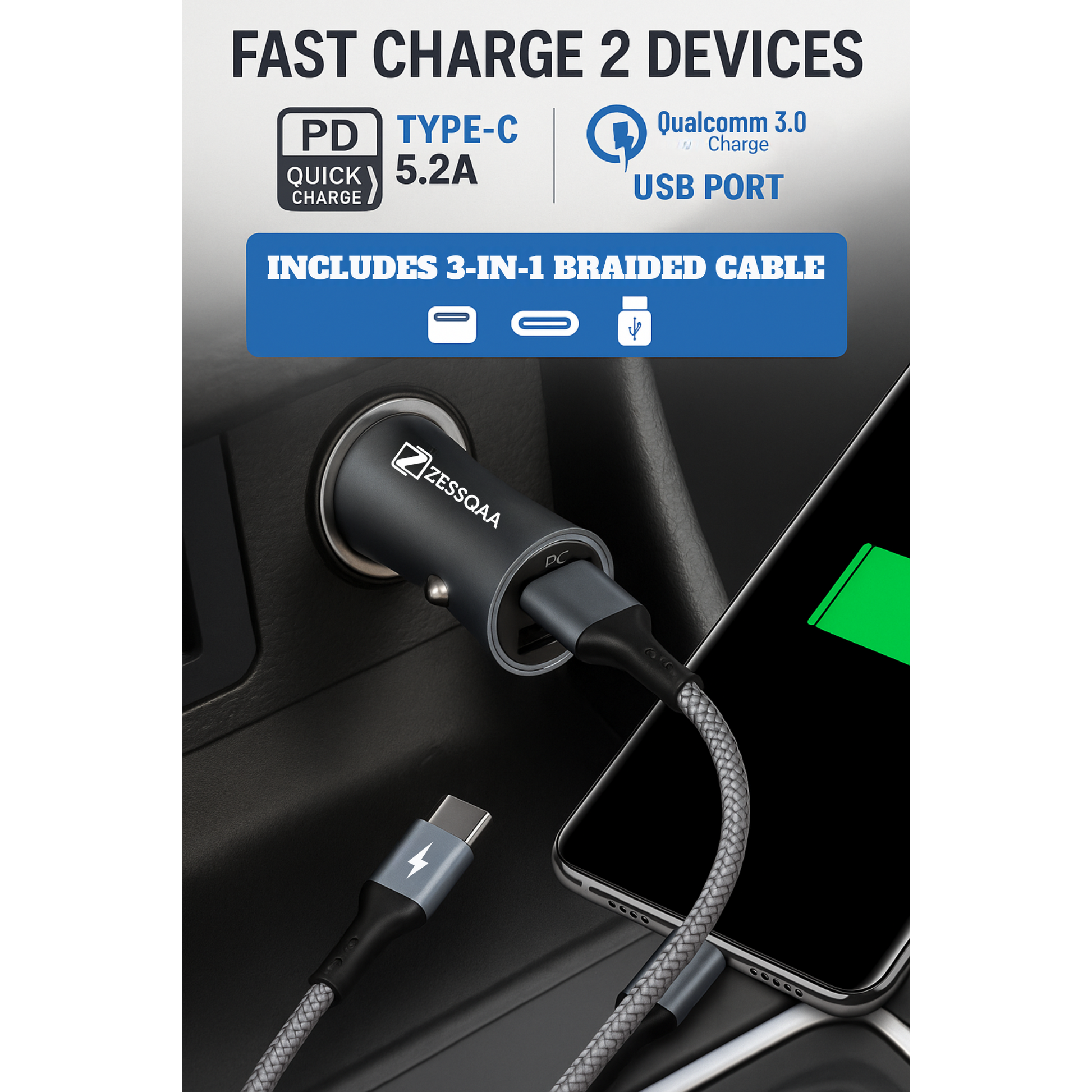 5.2 Amp Car Charger with PD+USB Dual Charging Points - ZESSQAA