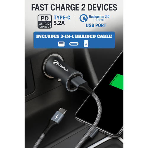 Zessqaa 5.2A Car Charger with PD + USB Fast Charging — Silver
