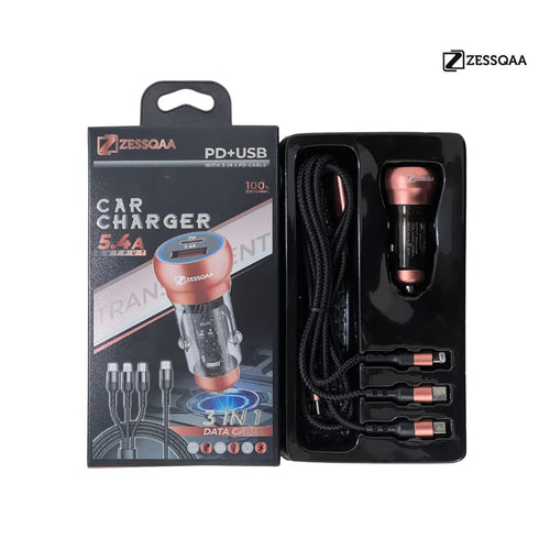 Zessqaa 5.2A Car Charger with PD + USB Fast Charging — Rose Gold