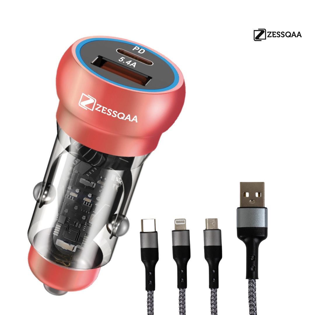 Zessqaa 5.2A Car Charger with PD + USB Fast Charging — Rose Gold