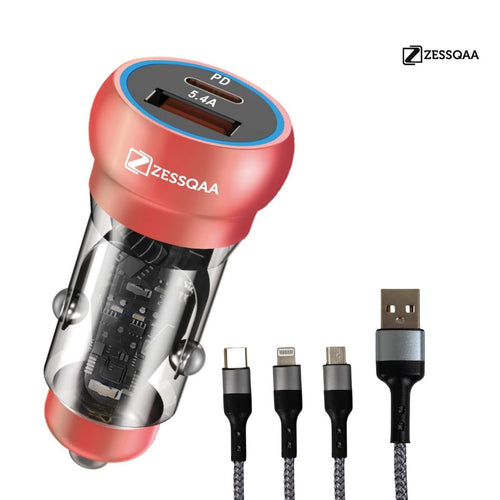 Zessqaa 5.2A Car Charger with PD + USB Fast Charging — Rose Gold