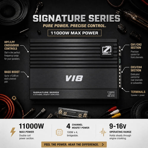 Zessqaa Signature Series 4-Channel Car Amplifier - Double Coil MOSFET, 100W x 4, 11000W Max, Bridgeable