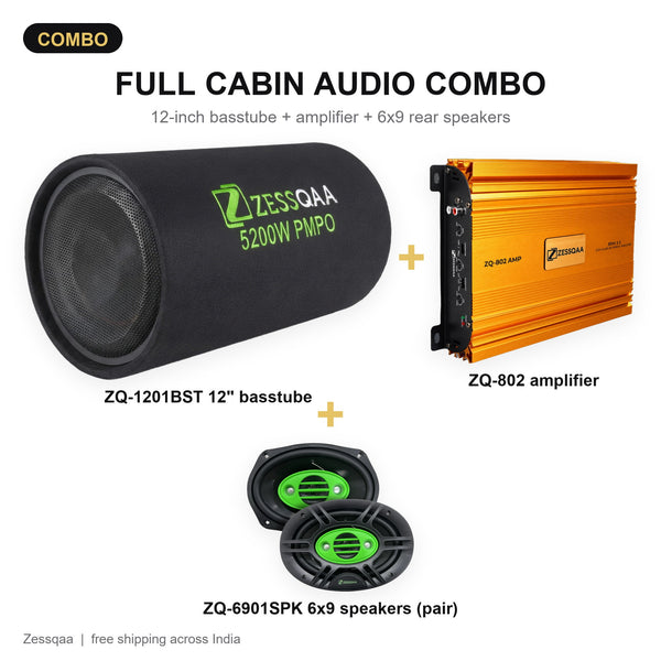 Full Cabin Audio Combo - ZQ-1201BST 12 inch Basstube + ZQ-802 Amplifier + 6x9 Speakers