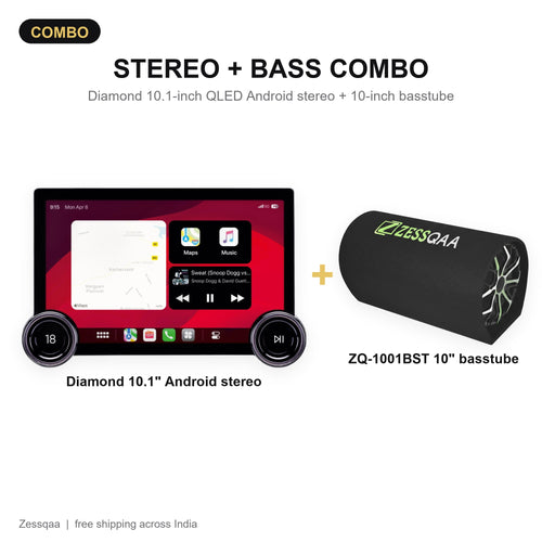 Stereo + Bass Combo - Diamond 10.1" QLED Android Stereo (360 Camera) + ZQ-1001BST 10" Basstube