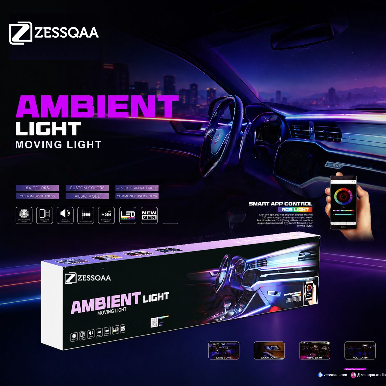 Zessqaa Car Ambient Lighting Kit — 6-in-1 RGB Interior Lights (App + Remote + Music Sync)