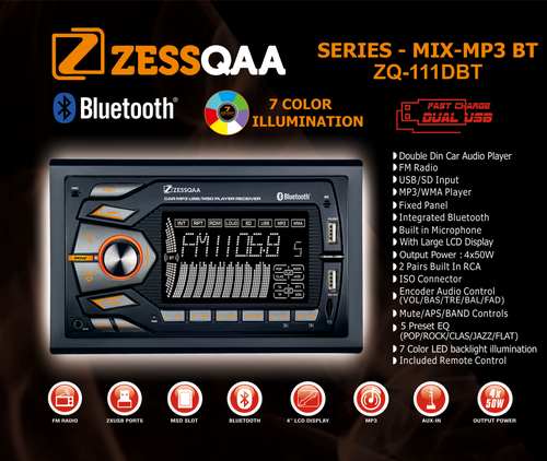 Zessqaa ZQ-111DBT Double Din Media Player with Bluetooth, USB & FM