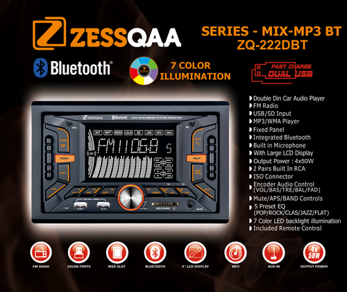 Zessqaa ZQ-222DBT Double Din Media Player with Bluetooth, USB & FM